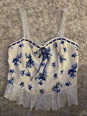 Blue Floral Lace-Trim Cami Top with Bow